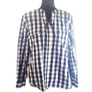 St. John’s Bay White Blue Checked Button-Up Pockets Blouse Size 2X